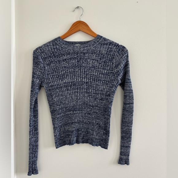 Vince Tops - Vince Blue Heathered Ribbed Long Sleeve Top Wool Cotton Blend Size S